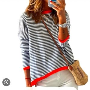 NWT Orange Trim Navy and White Striped Long Sleeve Top